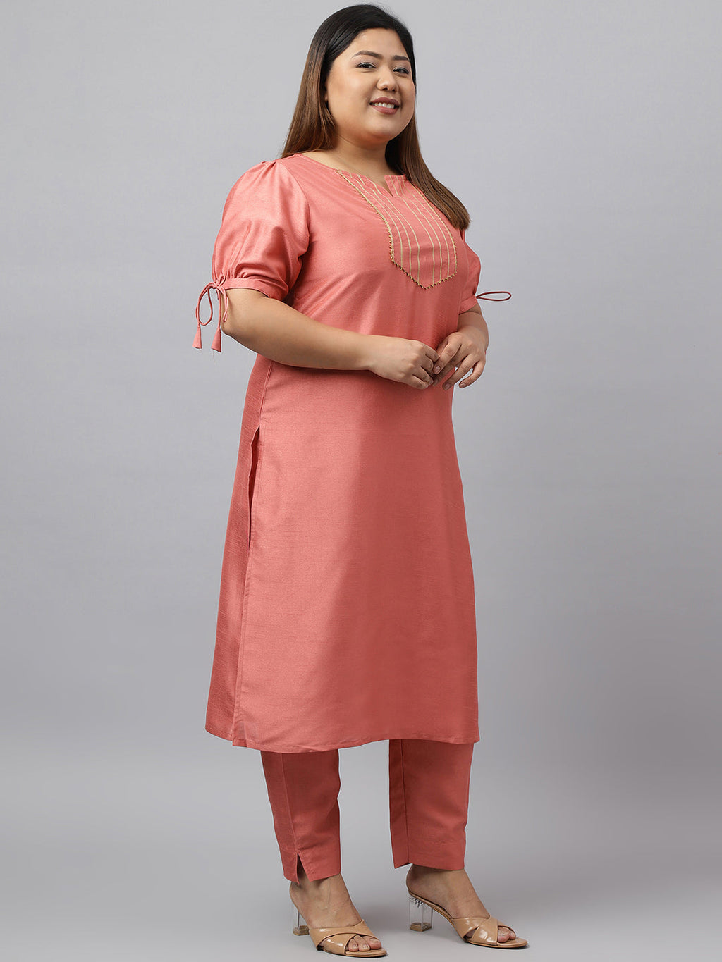 Janasya Women's Peach Poly Silk Straight Festive Kurta Set - Distacart