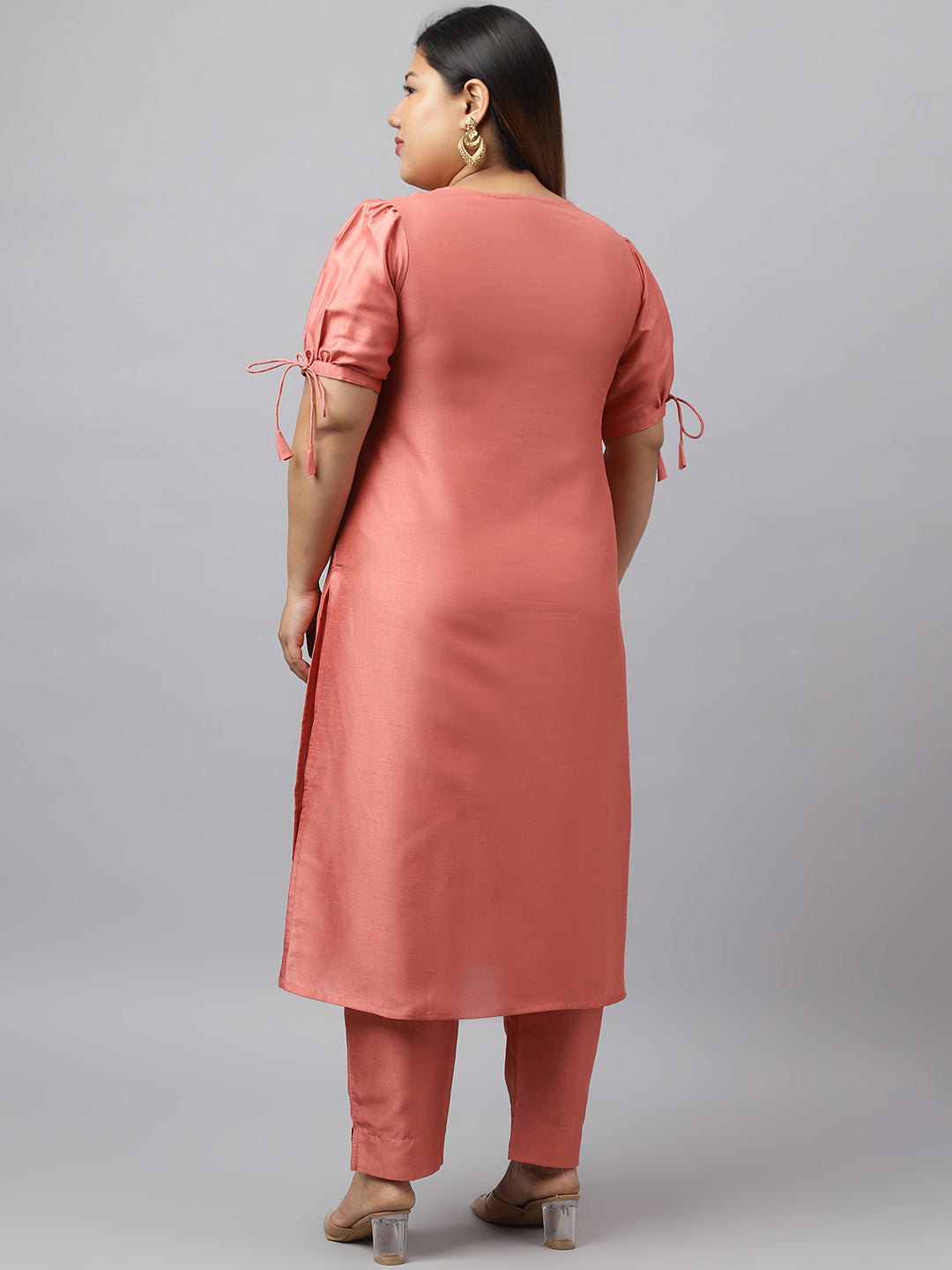Janasya Women's Peach Poly Silk Straight Festive Kurta Set - Distacart