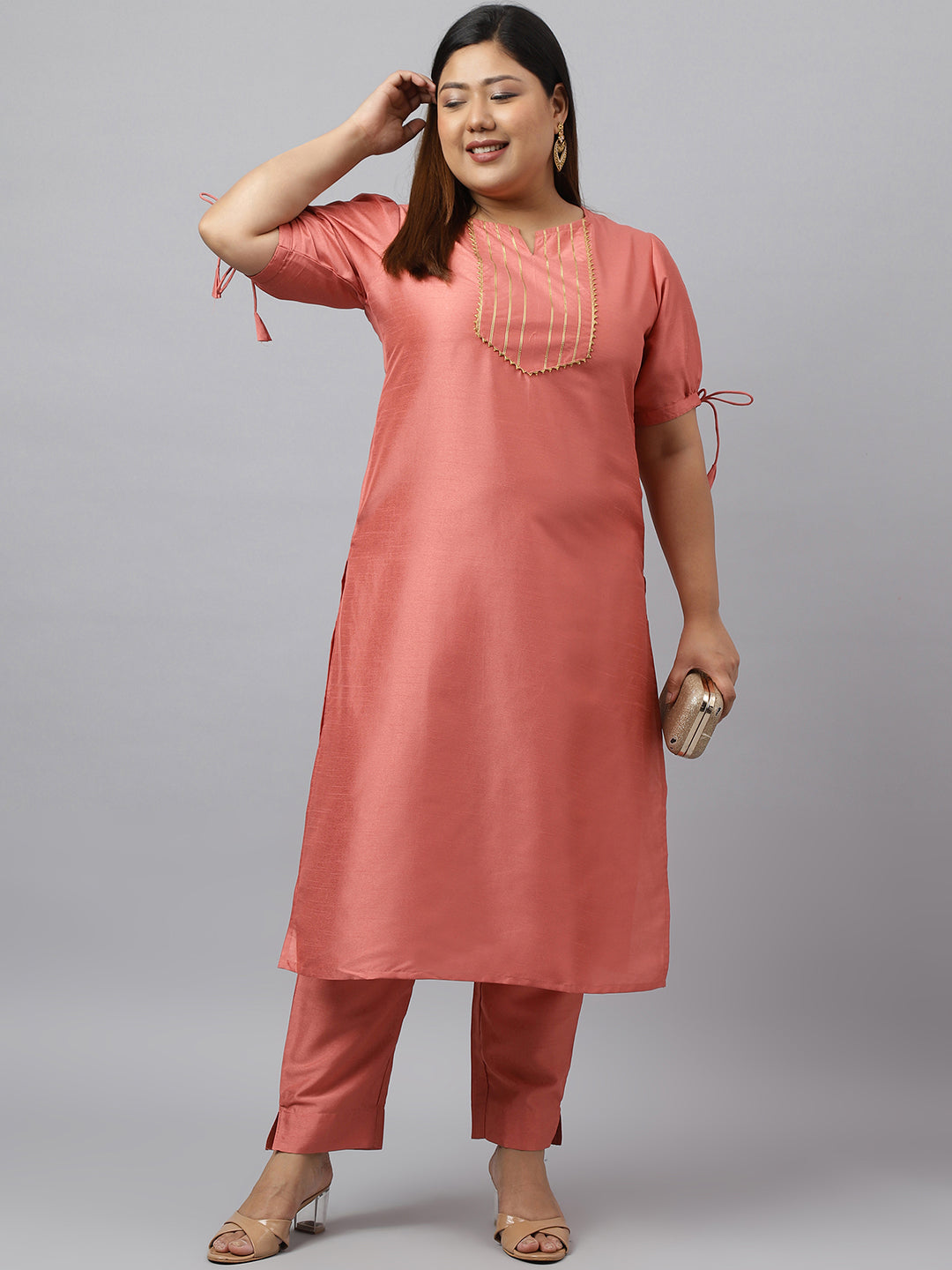 Janasya Women's Peach Poly Silk Straight Festive Kurta Set - Distacart