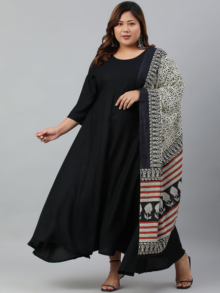 Janasya XL LOVE by Janasya Women's Plus Size Black Rayon Kurta With and Dupatta