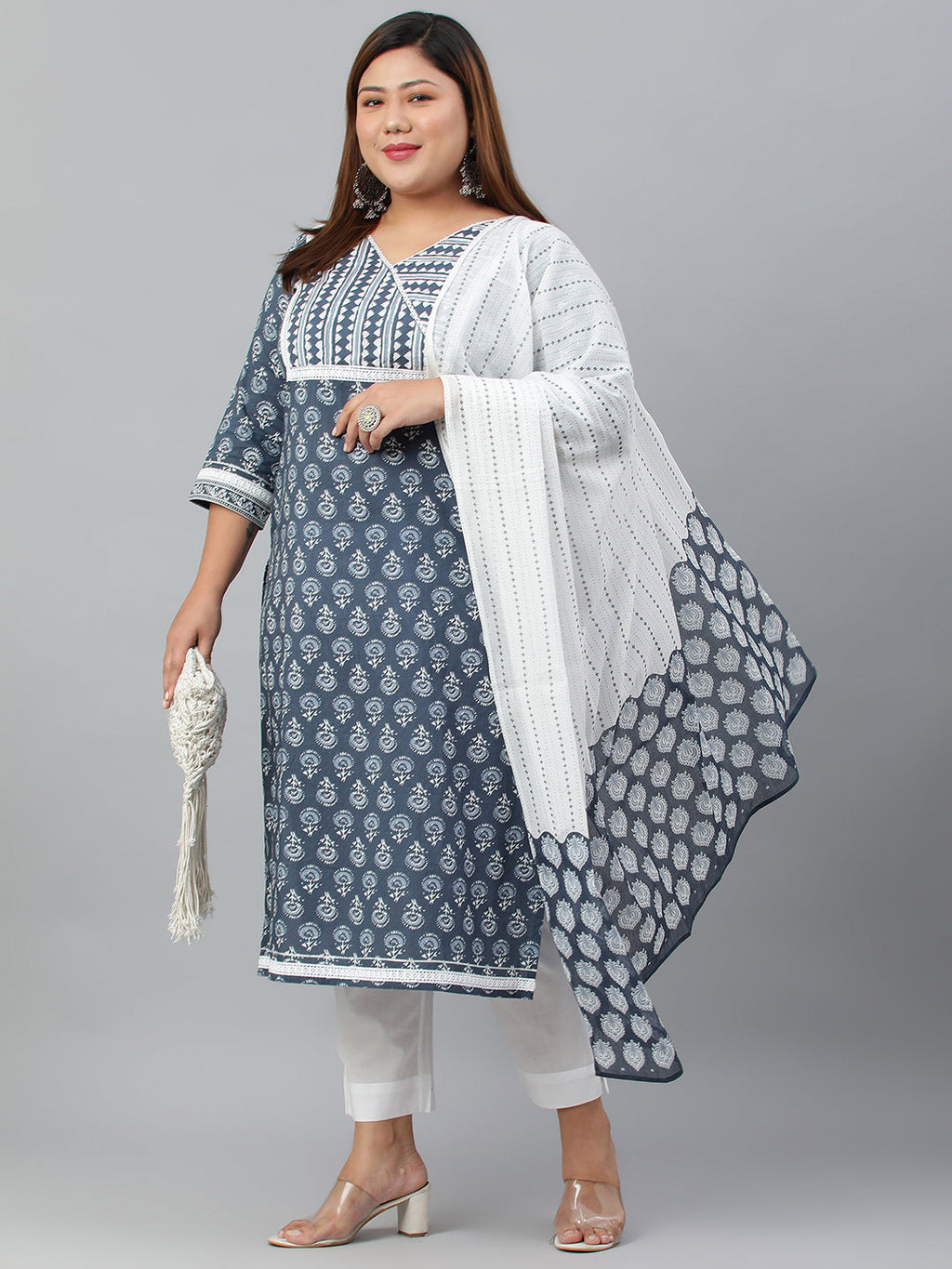 Janasya XL LOVE by Janasya Women's Plus Size Blue Cotton Kurta With Pant and Dupatta - Distacart