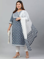 Janasya XL LOVE by Janasya Women's Plus Size Blue Cotton Kurta With Pant and Dupatta - Distacart