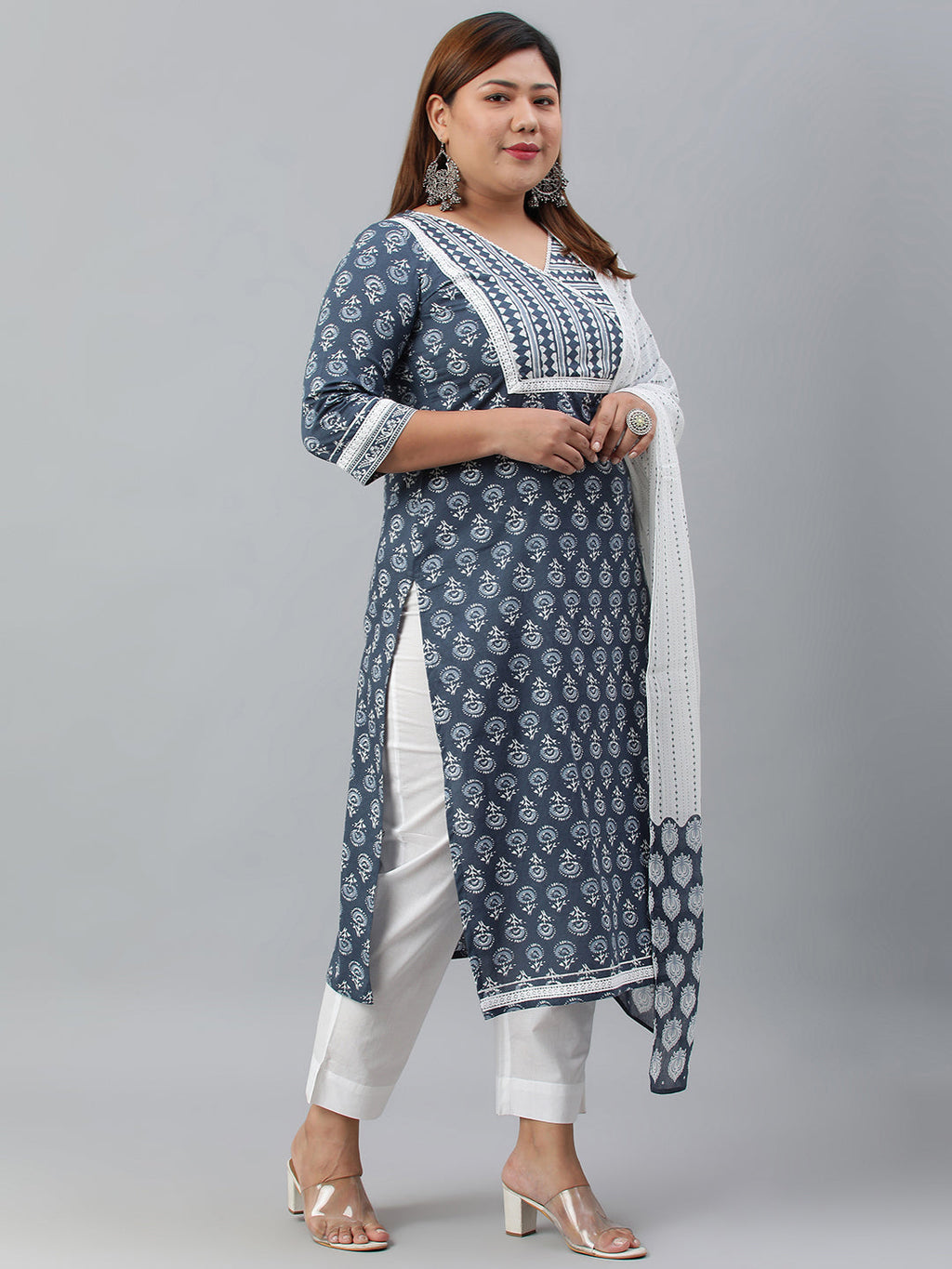 Janasya XL LOVE by Janasya Women's Plus Size Blue Cotton Kurta With Pant and Dupatta - Distacart