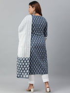 Janasya XL LOVE by Janasya Women's Plus Size Blue Cotton Kurta With Pant and Dupatta - Distacart