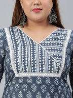 Janasya XL LOVE by Janasya Women's Plus Size Blue Cotton Kurta With Pant and Dupatta - Distacart