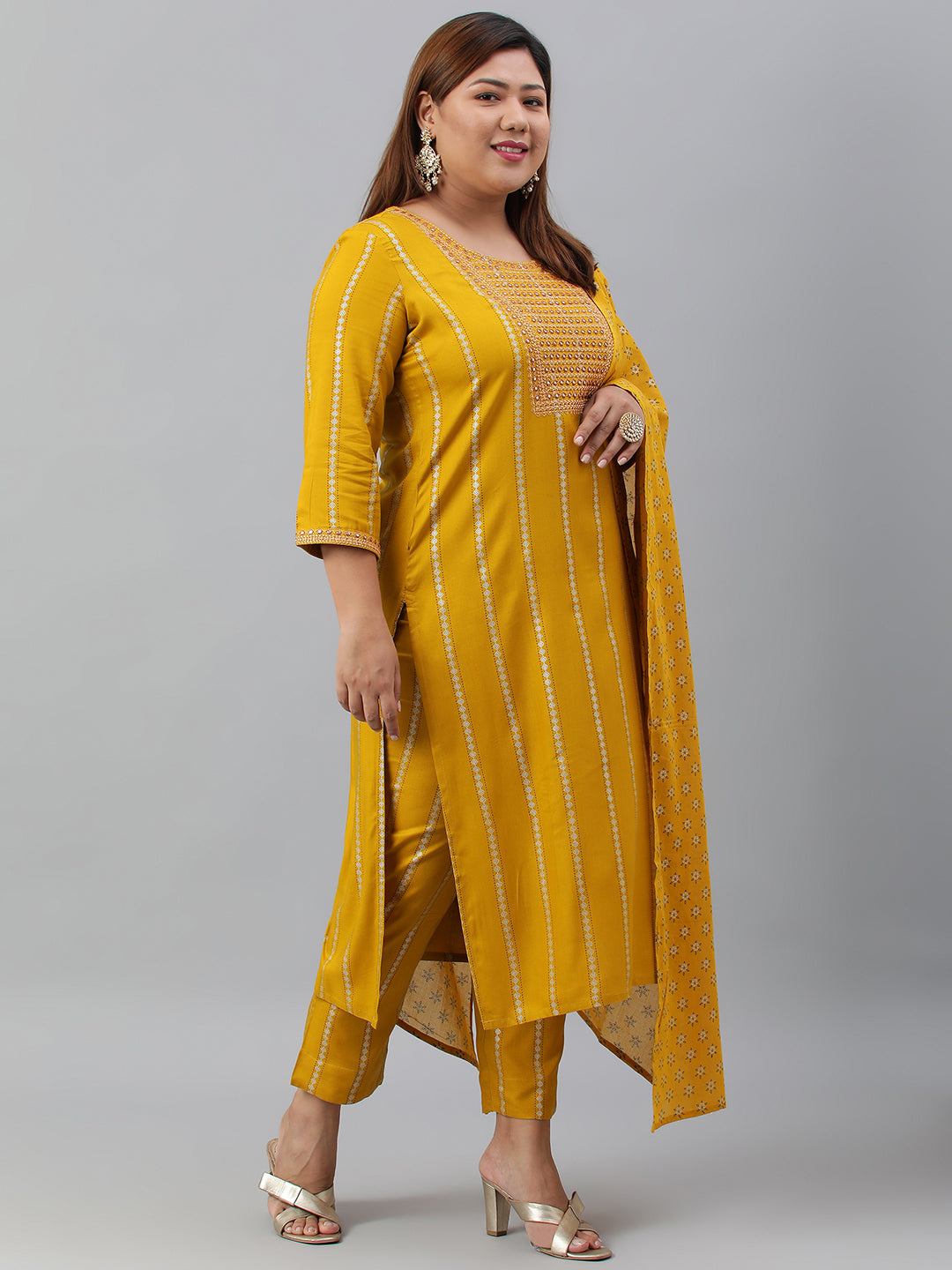 Janasya XL LOVE by Janasya Women's Plus Size Mustard Rayon Kurta With Pant and Dupatta - Distacart