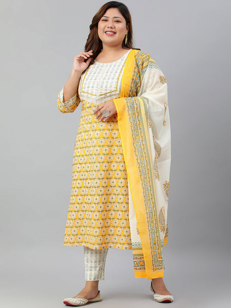 Janasya XL LOVE by Janasya Women's Plus Size Yellow Cotton Kurta With Pants and Dupatta