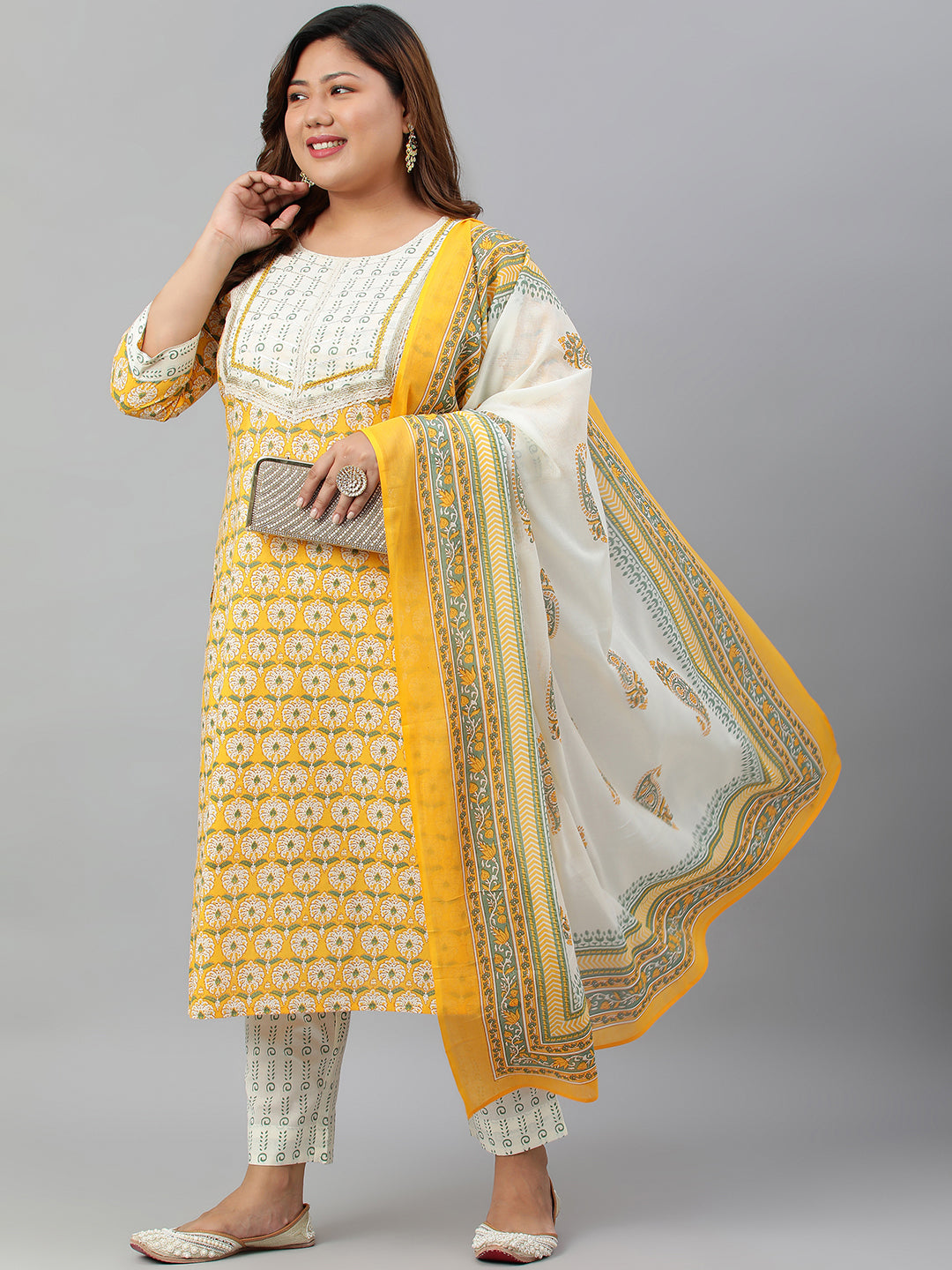 Janasya XL LOVE by Janasya Women's Plus Size Yellow Cotton Kurta With Pants and Dupatta - Distacart