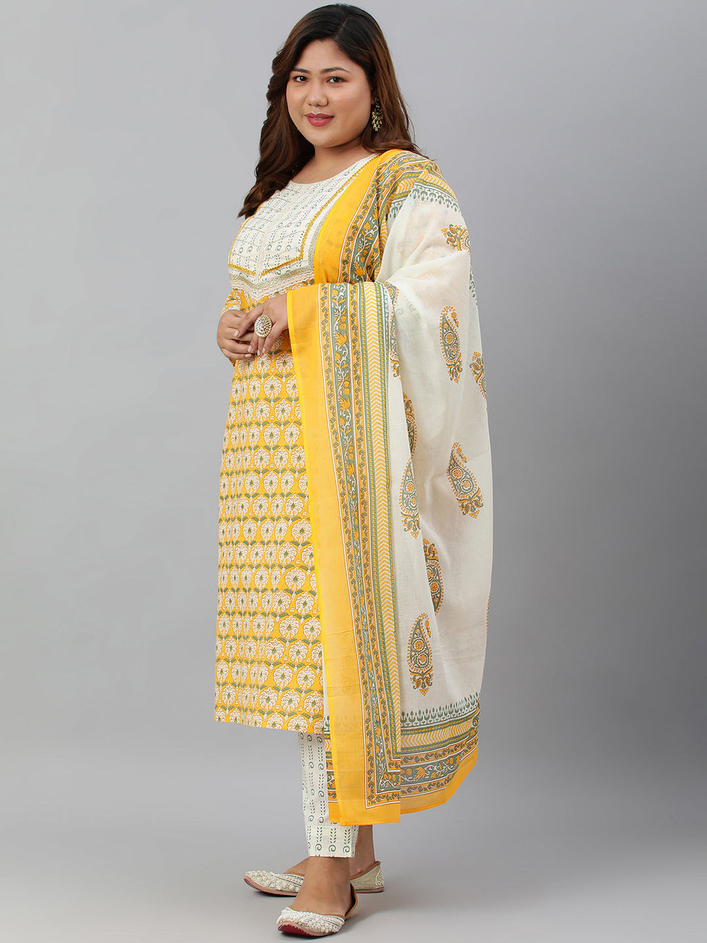 Janasya XL LOVE by Janasya Women's Plus Size Yellow Cotton Kurta With Pants and Dupatta - Distacart