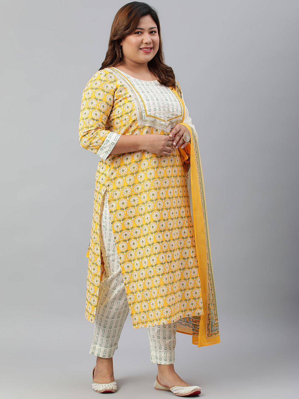 Janasya XL LOVE by Janasya Women's Plus Size Yellow Cotton Kurta With Pants and Dupatta - Distacart