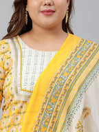 Janasya XL LOVE by Janasya Women's Plus Size Yellow Cotton Kurta With Pants and Dupatta - Distacart