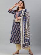 Janasya XL LOVE by Janasya Women's Plus Size Indigo Cotton Kurta With Palazzo and Dupatta - Distacart