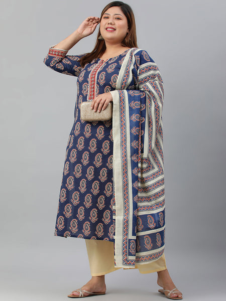 Janasya XL LOVE by Janasya Women's Plus Size Indigo Cotton Kurta With Palazzo and Dupatta