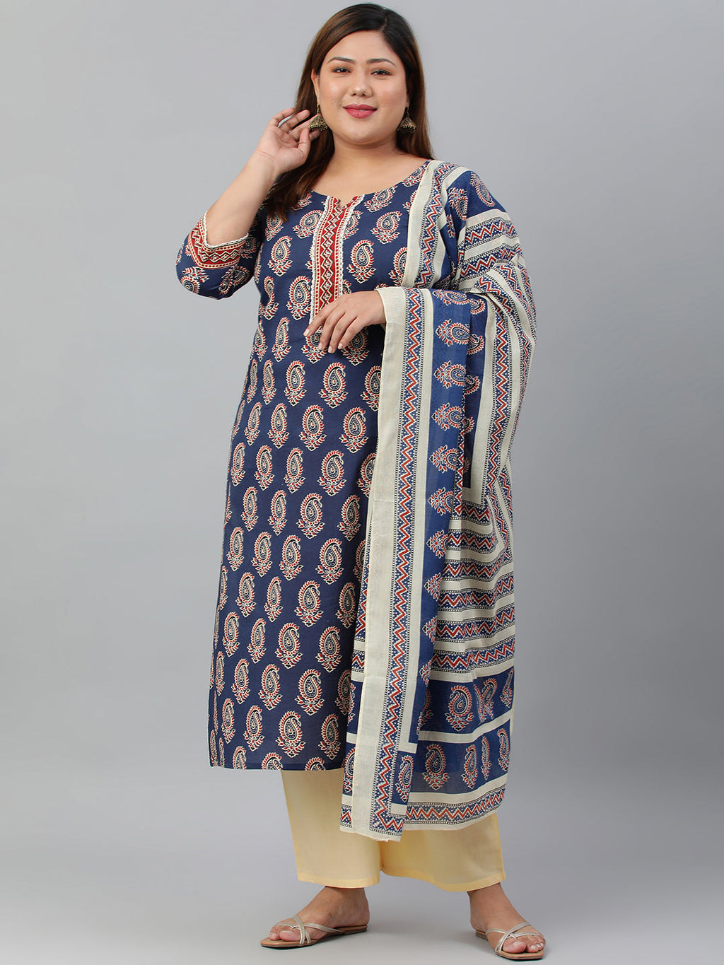 Janasya XL LOVE by Janasya Women's Plus Size Indigo Cotton Kurta With Palazzo and Dupatta - Distacart