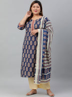 Janasya XL LOVE by Janasya Women's Plus Size Indigo Cotton Kurta With Palazzo and Dupatta - Distacart