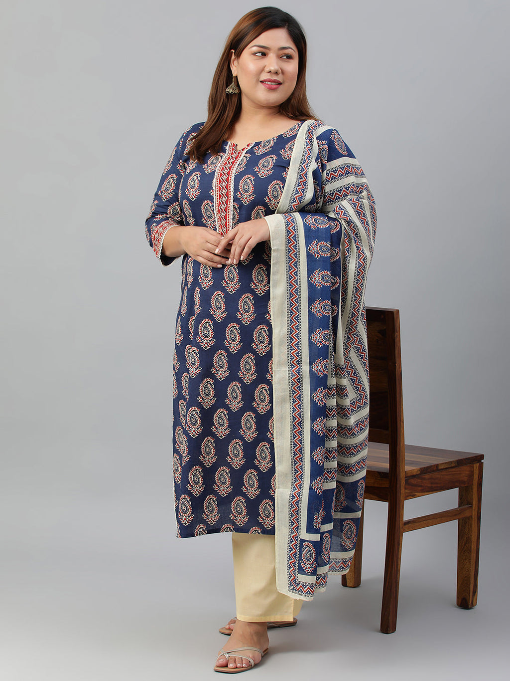Janasya XL LOVE by Janasya Women's Plus Size Indigo Cotton Kurta With Palazzo and Dupatta - Distacart