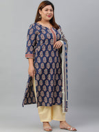 Janasya XL LOVE by Janasya Women's Plus Size Indigo Cotton Kurta With Palazzo and Dupatta - Distacart