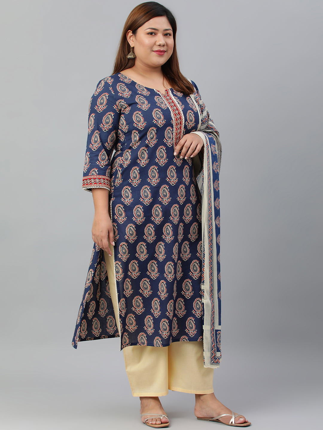 Janasya XL LOVE by Janasya Women's Plus Size Indigo Cotton Kurta With Palazzo and Dupatta - Distacart