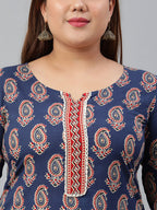 Janasya XL LOVE by Janasya Women's Plus Size Indigo Cotton Kurta With Palazzo and Dupatta - Distacart