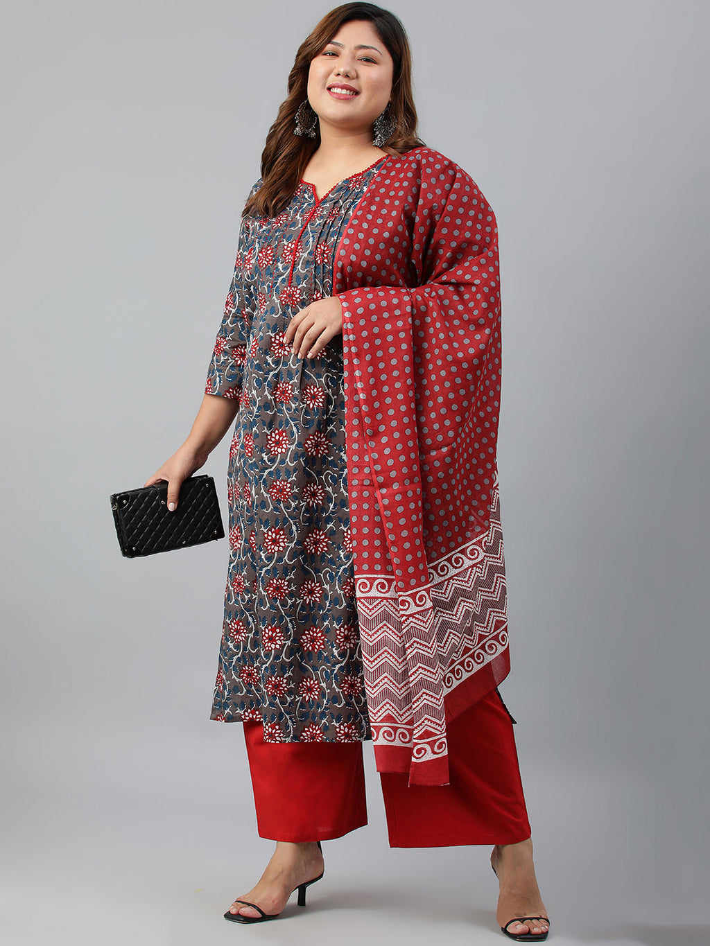 Janasya XL LOVE by Janasya Women's Plus Size Grey Cotton Kurta With Palazzo and Dupatta - Distacart