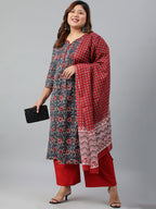 Janasya XL LOVE by Janasya Women's Plus Size Grey Cotton Kurta With Palazzo and Dupatta - Distacart