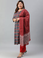 Janasya XL LOVE by Janasya Women's Plus Size Grey Cotton Kurta With Palazzo and Dupatta - Distacart