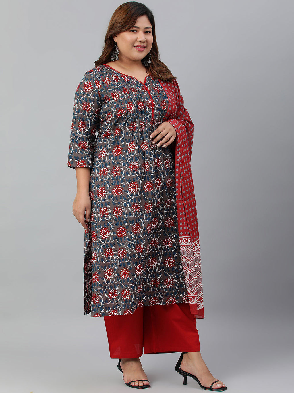 Janasya XL LOVE by Janasya Women's Plus Size Grey Cotton Kurta With Palazzo and Dupatta - Distacart