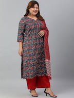 Janasya XL LOVE by Janasya Women's Plus Size Grey Cotton Kurta With Palazzo and Dupatta - Distacart