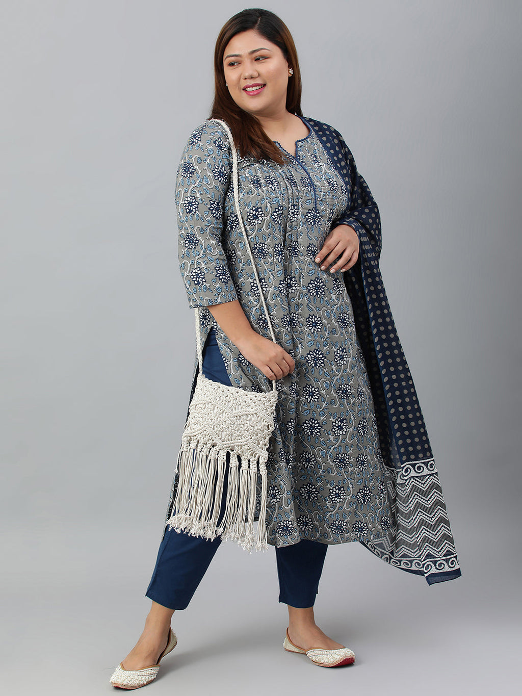 Janasya XL LOVE by Janasya Women's Plus Size Grey Cotton Kurta With Pant and Dupatta - Distacart