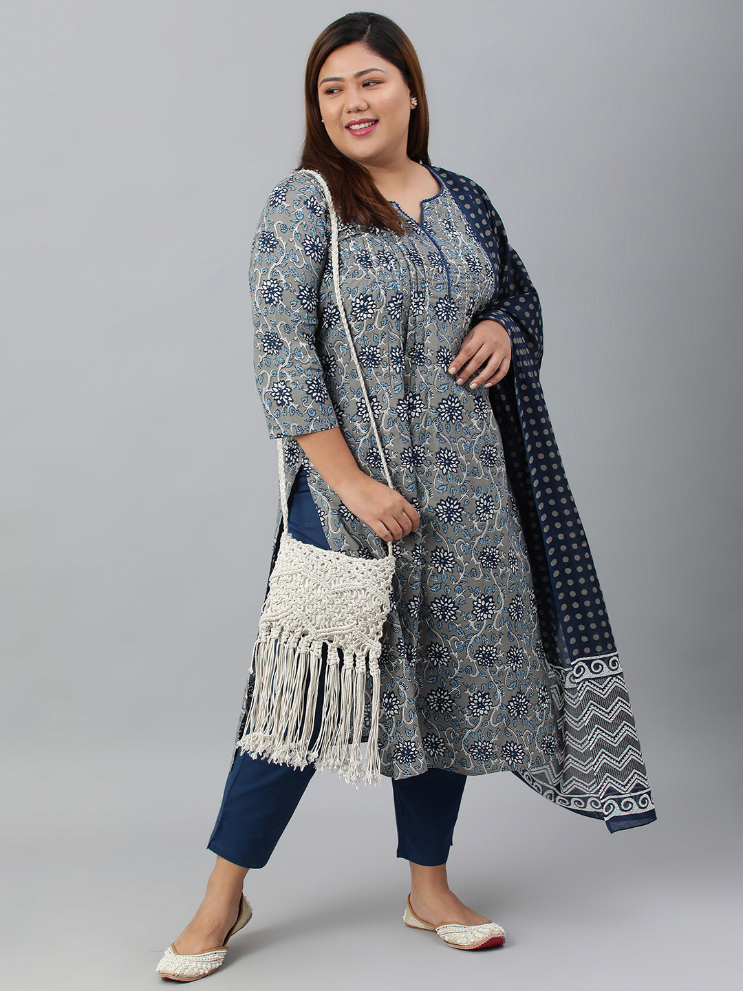 Janasya XL LOVE by Janasya Women's Plus Size Grey Cotton Kurta With Pant and Dupatta - Distacart