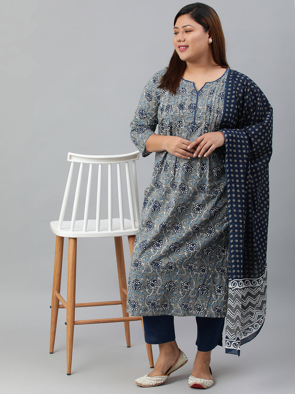 Janasya XL LOVE by Janasya Women's Plus Size Grey Cotton Kurta With Pant and Dupatta - Distacart