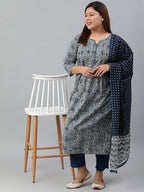Janasya XL LOVE by Janasya Women's Plus Size Grey Cotton Kurta With Pant and Dupatta - Distacart