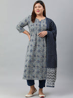 Janasya XL LOVE by Janasya Women's Plus Size Grey Cotton Kurta With Pant and Dupatta - Distacart