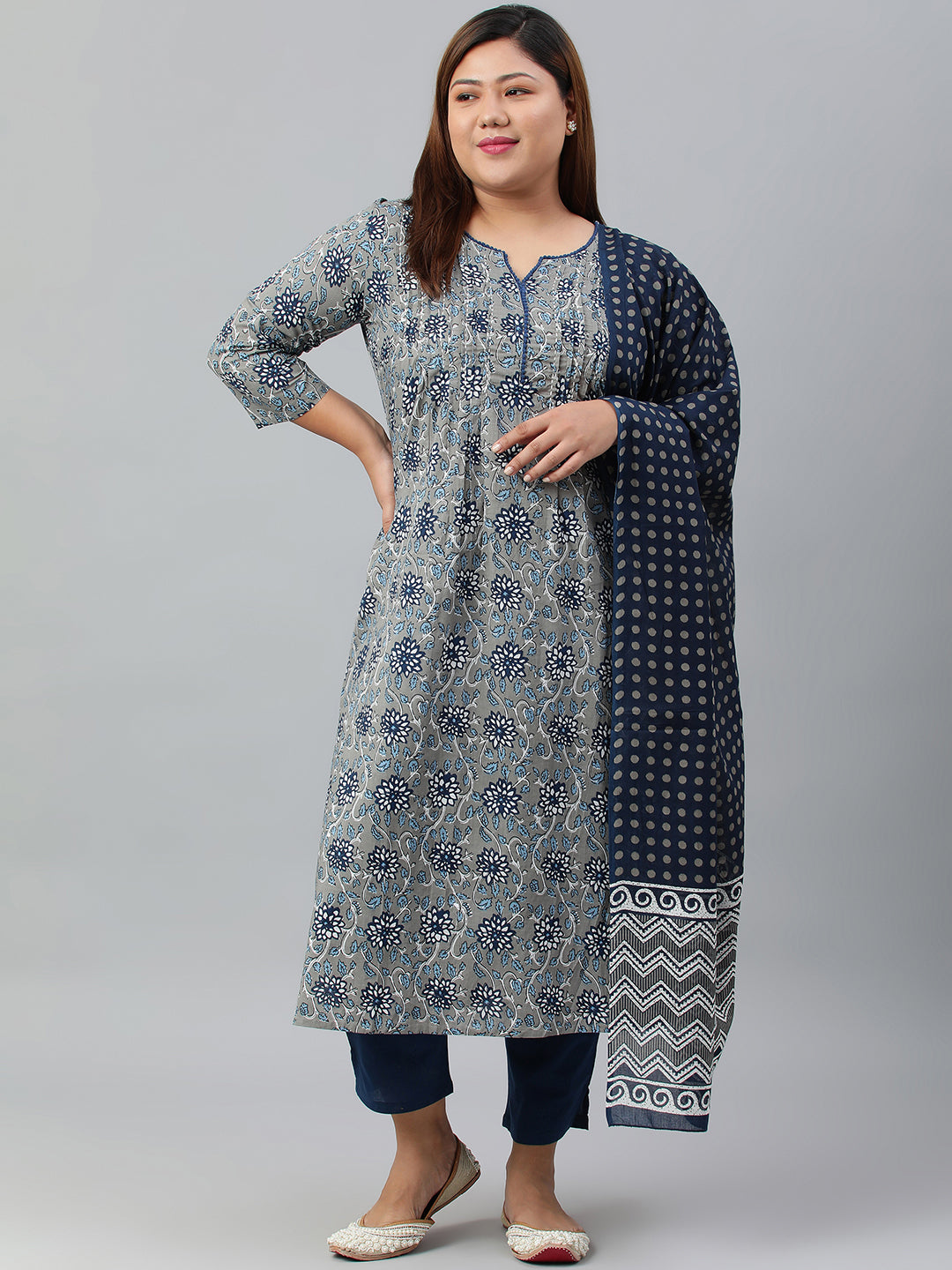 Janasya XL LOVE by Janasya Women's Plus Size Grey Cotton Kurta With Pant and Dupatta - Distacart