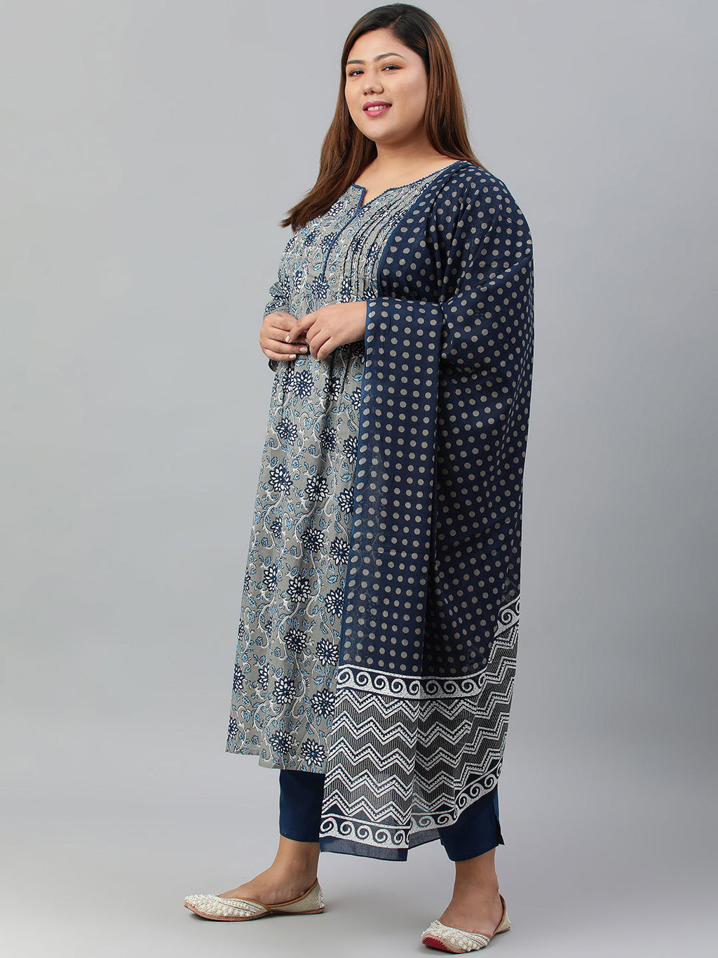 Janasya XL LOVE by Janasya Women's Plus Size Grey Cotton Kurta With Pant and Dupatta - Distacart