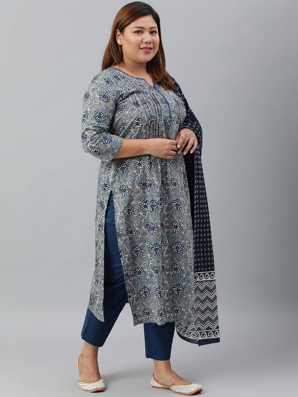Janasya XL LOVE by Janasya Women's Plus Size Grey Cotton Kurta With Pant and Dupatta - Distacart