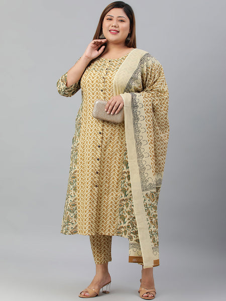 Janasya XL LOVE by Janasya Women's Plus Size Beige Cotton Kurta With Pant and Dupatta
