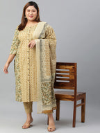 Janasya XL LOVE by Janasya Women's Plus Size Beige Cotton Kurta With Pant and Dupatta - Distacart