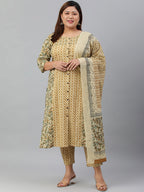 Janasya XL LOVE by Janasya Women's Plus Size Beige Cotton Kurta With Pant and Dupatta - Distacart