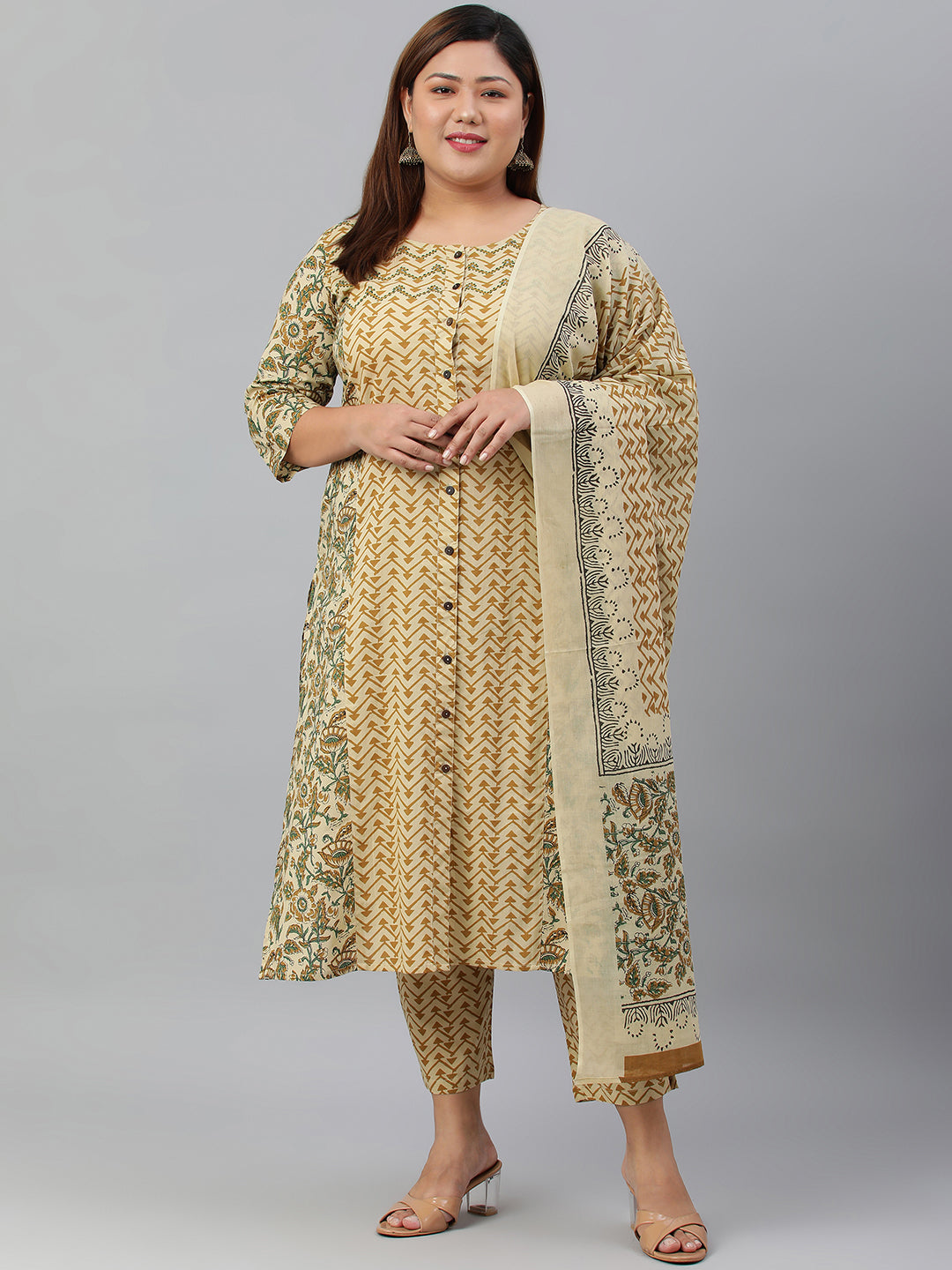 Janasya XL LOVE by Janasya Women's Plus Size Beige Cotton Kurta With Pant and Dupatta - Distacart