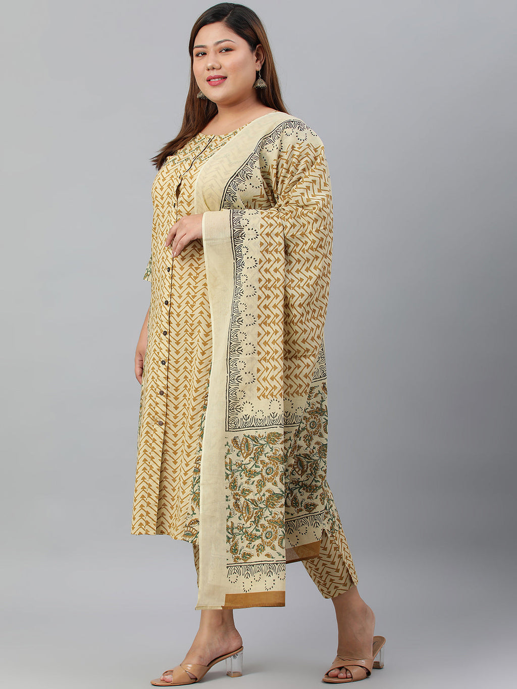 Janasya XL LOVE by Janasya Women's Plus Size Beige Cotton Kurta With Pant and Dupatta - Distacart