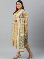 Janasya XL LOVE by Janasya Women's Plus Size Beige Cotton Kurta With Pant and Dupatta - Distacart
