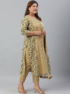 Janasya XL LOVE by Janasya Women's Plus Size Beige Cotton Kurta With Pant and Dupatta - Distacart