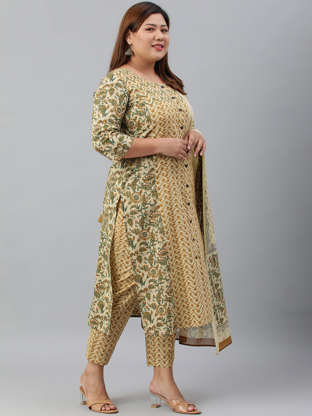 Janasya XL LOVE by Janasya Women's Plus Size Beige Cotton Kurta With Pant and Dupatta - Distacart