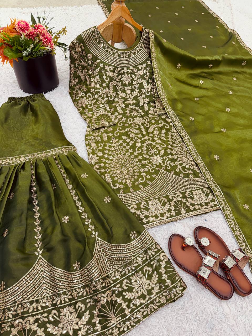 Prazu Fashion Mahendi Jimmy Silk Sequin Embroidered Sharara Suit - Distacart