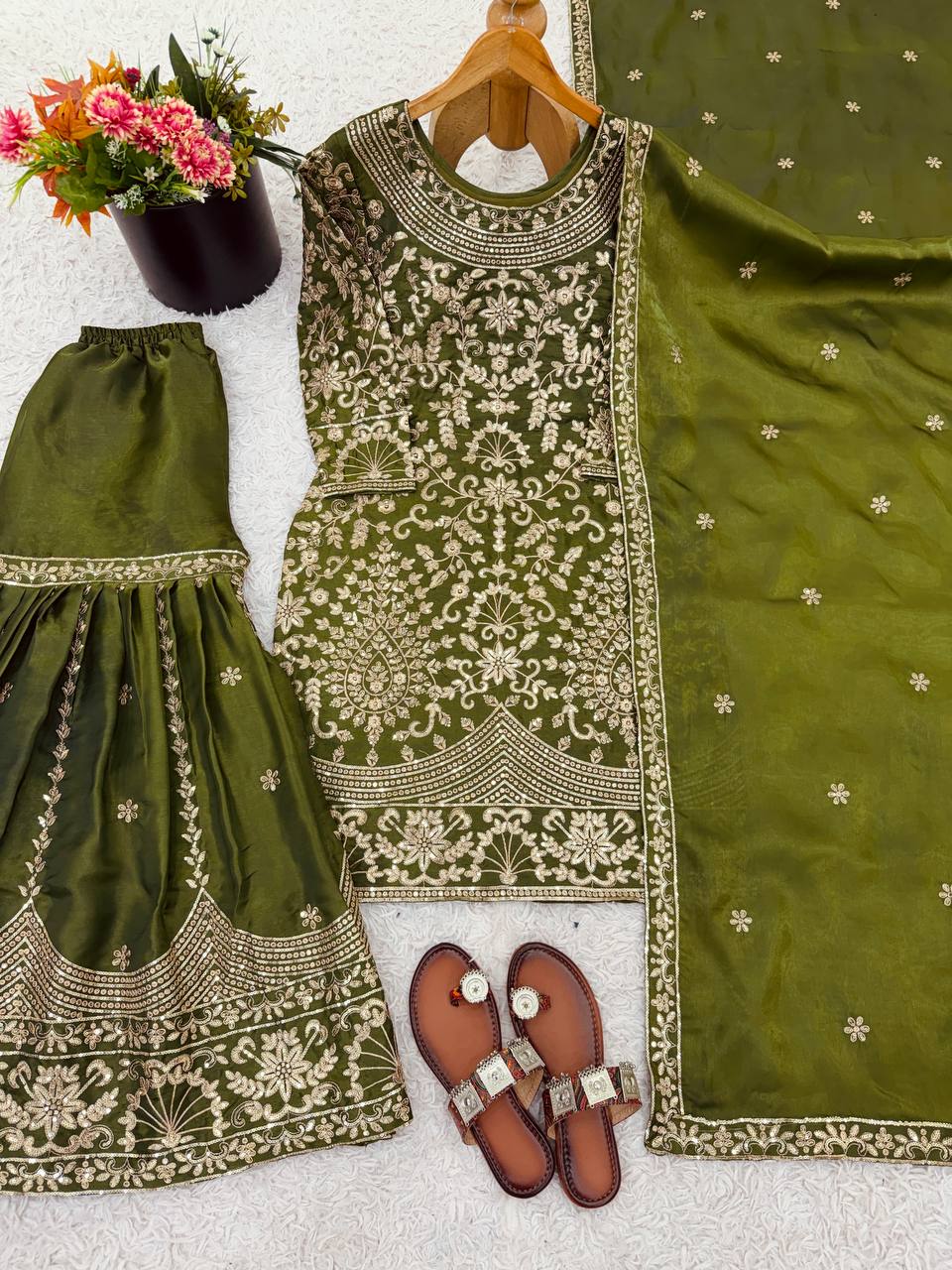 Prazu Fashion Mahendi Jimmy Silk Sequin Embroidered Sharara Suit - Distacart