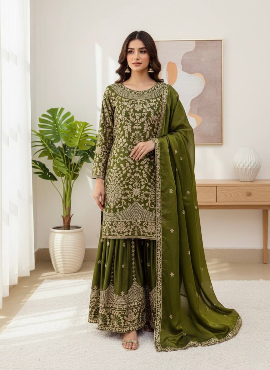 Prazu Fashion Mahendi Jimmy Silk Sequin Embroidered Sharara Suit - Distacart