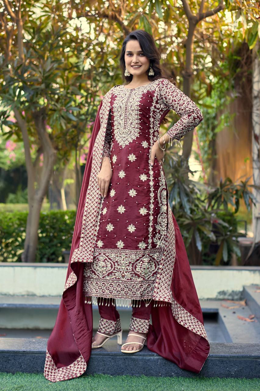 Prazu Fashion Dark Maroon Jimmy Silk Sequin Embroidered Salwar Suit - Distacart