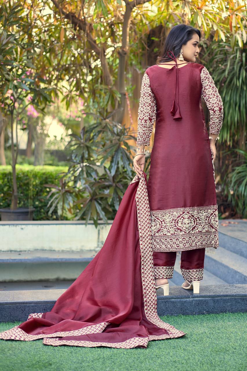 Prazu Fashion Dark Maroon Jimmy Silk Sequin Embroidered Salwar Suit - Distacart