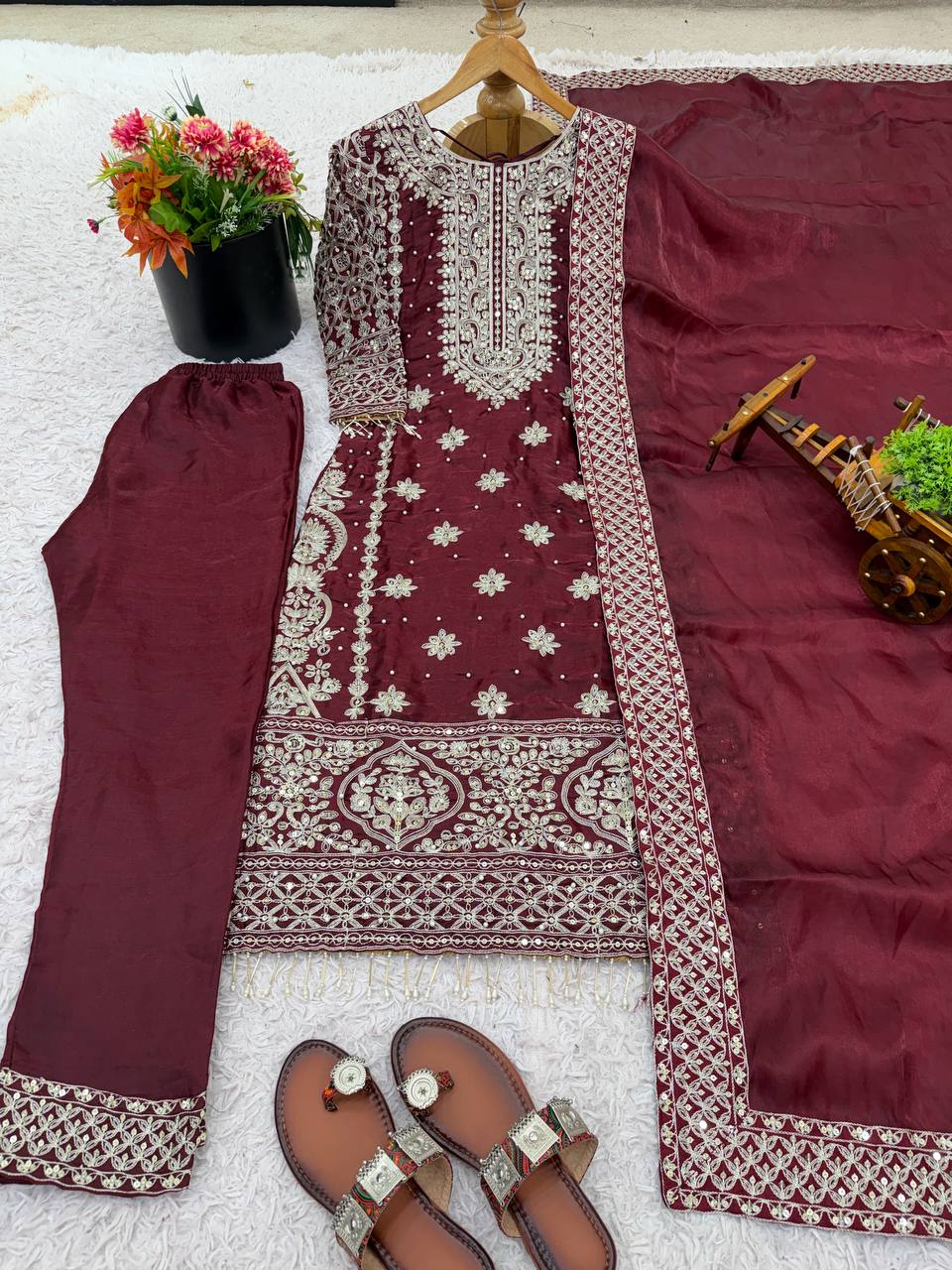 Prazu Fashion Dark Maroon Jimmy Silk Sequin Embroidered Salwar Suit - Distacart